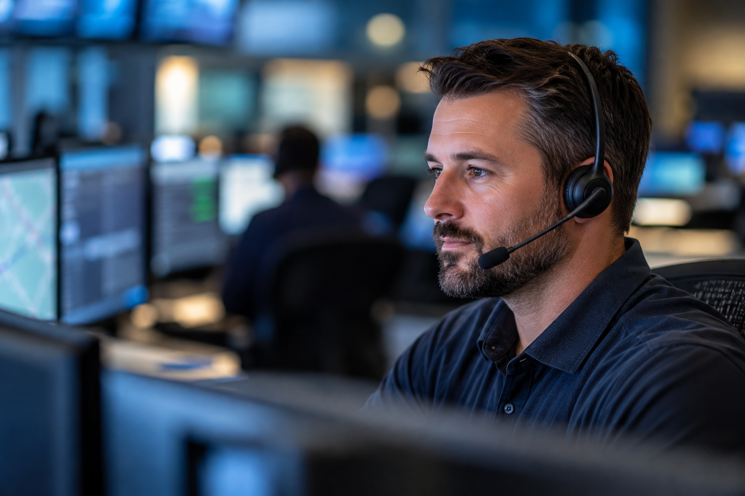 Illustrative image of a headset-wearing communications professional at a workstation
